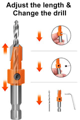 Lytool Countersink Drill Bit Set,5Pcs Counter Sink Drill Bit for Wood,1/4" Hex Shank Tapered Drill Bits for Woodworking and Carpentry,Quick Change Lytool