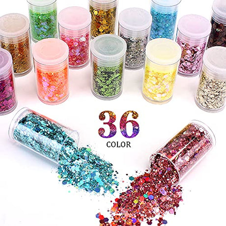 Chunky and Fine Glitter Mix, Estanoite 36 Colors Chunky Sequins & Fine Glitter Powder Mix, Iridescent Glitter Flakes, Cosmetic Makeup Glitter for Estanoite