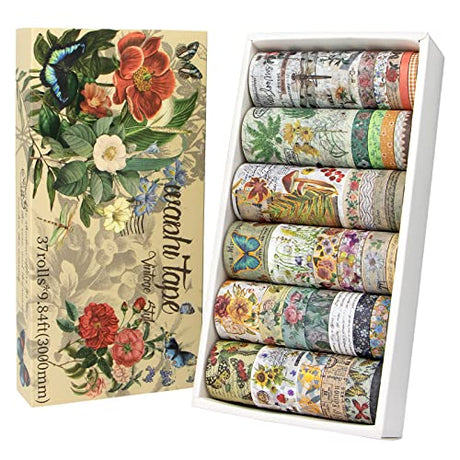 37 Rolls Vintage Washi Tape Set - Decorative Tape Floral Butterfly Mushroom Botanical,Adhesive Tape for Journaling Supplies,Scrapbooking,Junk Journal MPOPUUL