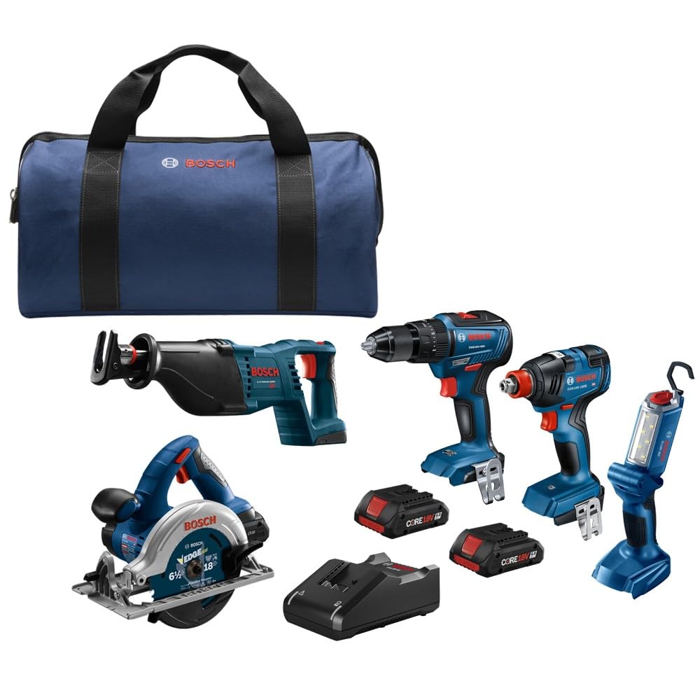 BOSCH GXL18V-501B25 18V 5-Tool Combo Kit with 2-In-1 Bit/Socket Impact Driver/Wrench, 1/2 In. Hammer Drill/Driver, Reciprocating Saw, Circular Saw, - WoodArtSupply