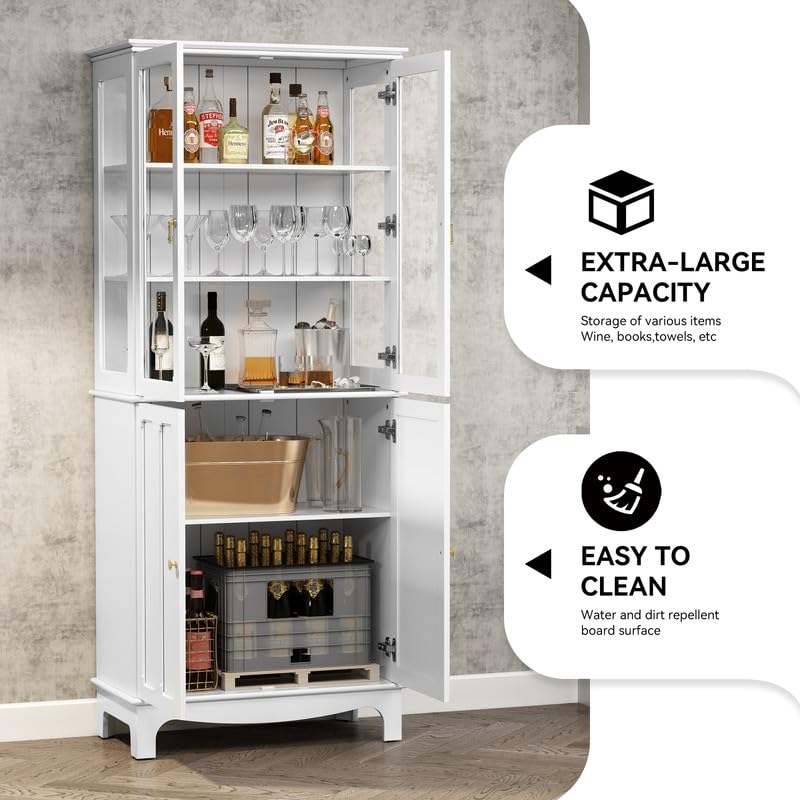 ARTPOWER 72" Freestanding Kitchen Pantry Storage Sideboard, Classical Tall Cabinet with Glass Door and Adjustable Shelves for Kitchen, Livingroom and ARTPOWER