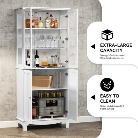ARTPOWER 72" Freestanding Kitchen Pantry Storage Sideboard, Classical Tall Cabinet with Glass Door and Adjustable Shelves for Kitchen, Livingroom and ARTPOWER