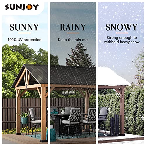 Sunjoy Wood Gazebo 11 x 13 ft. Outdoor Patio Premium Cedar Frame Gazebos with Matte Black Steel Gable Hardtop Roof for Garden, Backyard Shade, Black