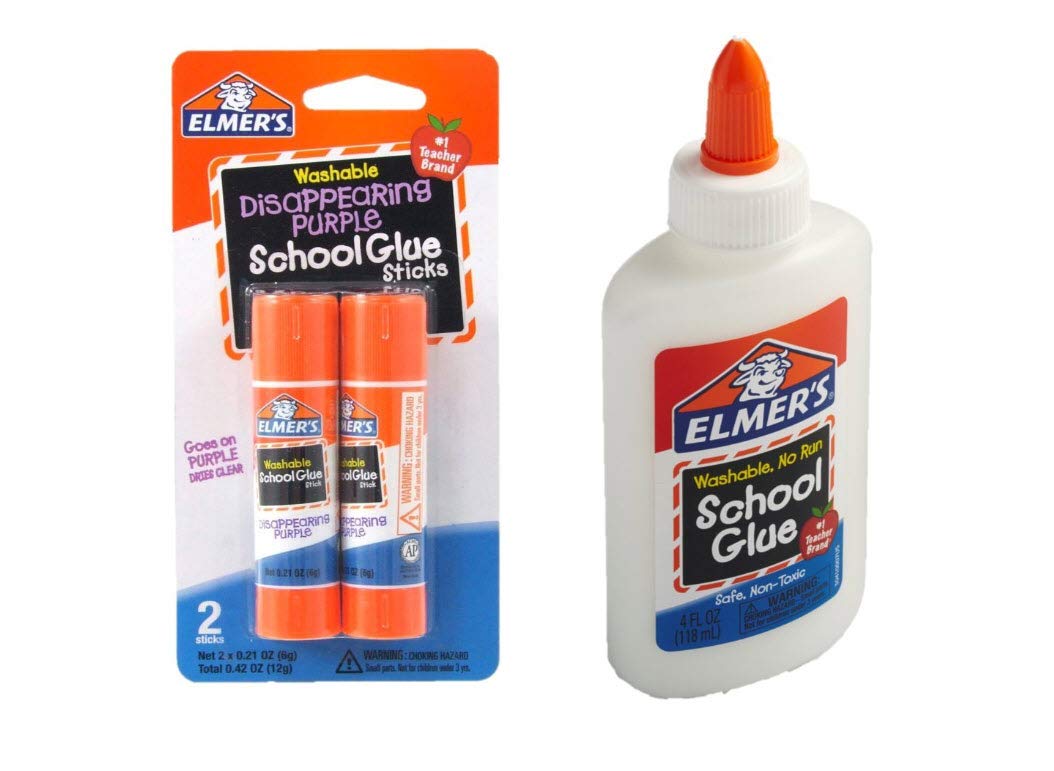 Elmer's bundle Washable Liquid School Glue, White, Dries Clear, 4 fl oz Plus Disappearing Purple Elmer's School Glue Stick, 7g, 2pk Elmer's