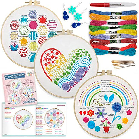 Learn 30 Stitches Heart Embroidery kit for Beginners with Stamped Embroidery Patterns Starter Kit. Needlepoint Cross Stitch for Kids & Adults CRAFTILOO