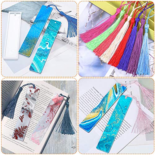 Bookmark Mold with Tassles, Caffox Bookmark Mold Kit with 100pcs Bookmark Tassels Bulk and 10pcs Rectangle Silicone Bookmark Mold for Epoxy Resin Caffox