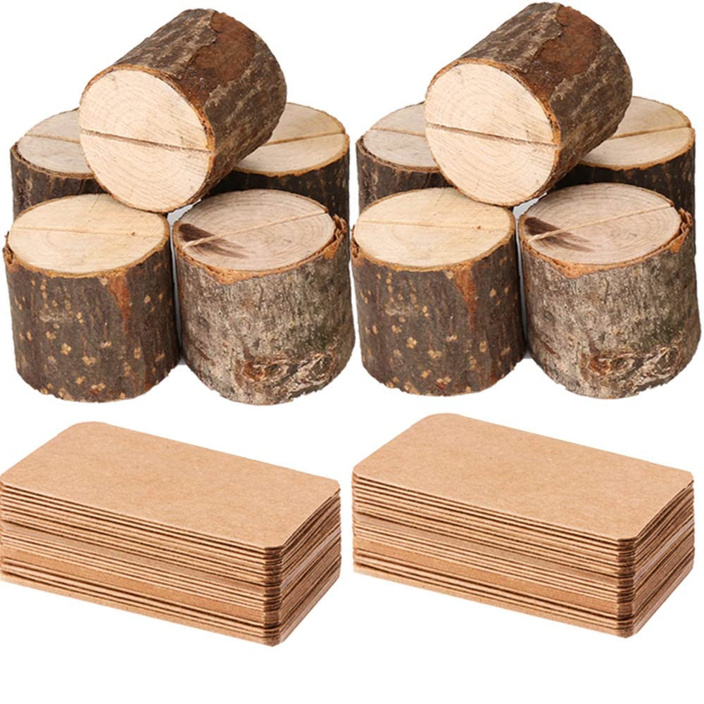 Toncoo Wood Place Card Holders, 10Pcs Premium Rustic Table Number Holders and 20Pcs Kraft Table Place Cards, Wood Photo Holders, Ideal for Wedding Toncoo