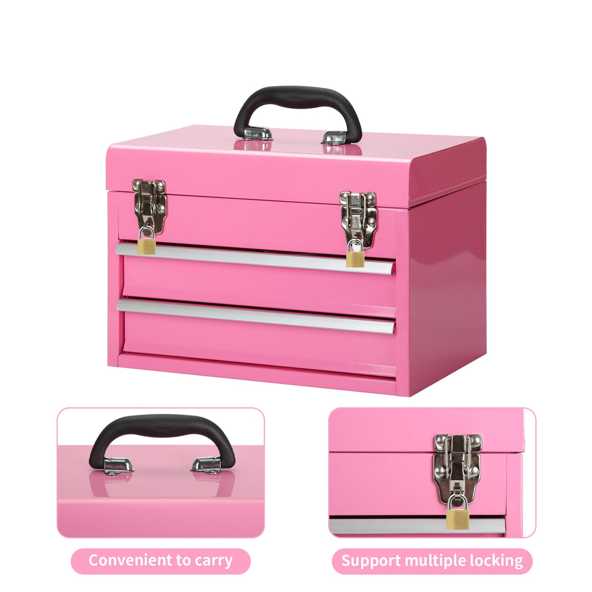 14 Inch Steel Portable Tool Box with drawers - Tool Storage Box Organizer with Metal Latch Closur - Powder Coated Toolbox Chest for Tools Storage TWUBLK