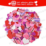 386 Pcs Valentine's Foam Heart Stickers Kit Includes 370 Pcs Glitter Self-Adhesive Heart Foam Stickers and 16 Pcs Colorful Large Foam Hearts for Lecferrarc