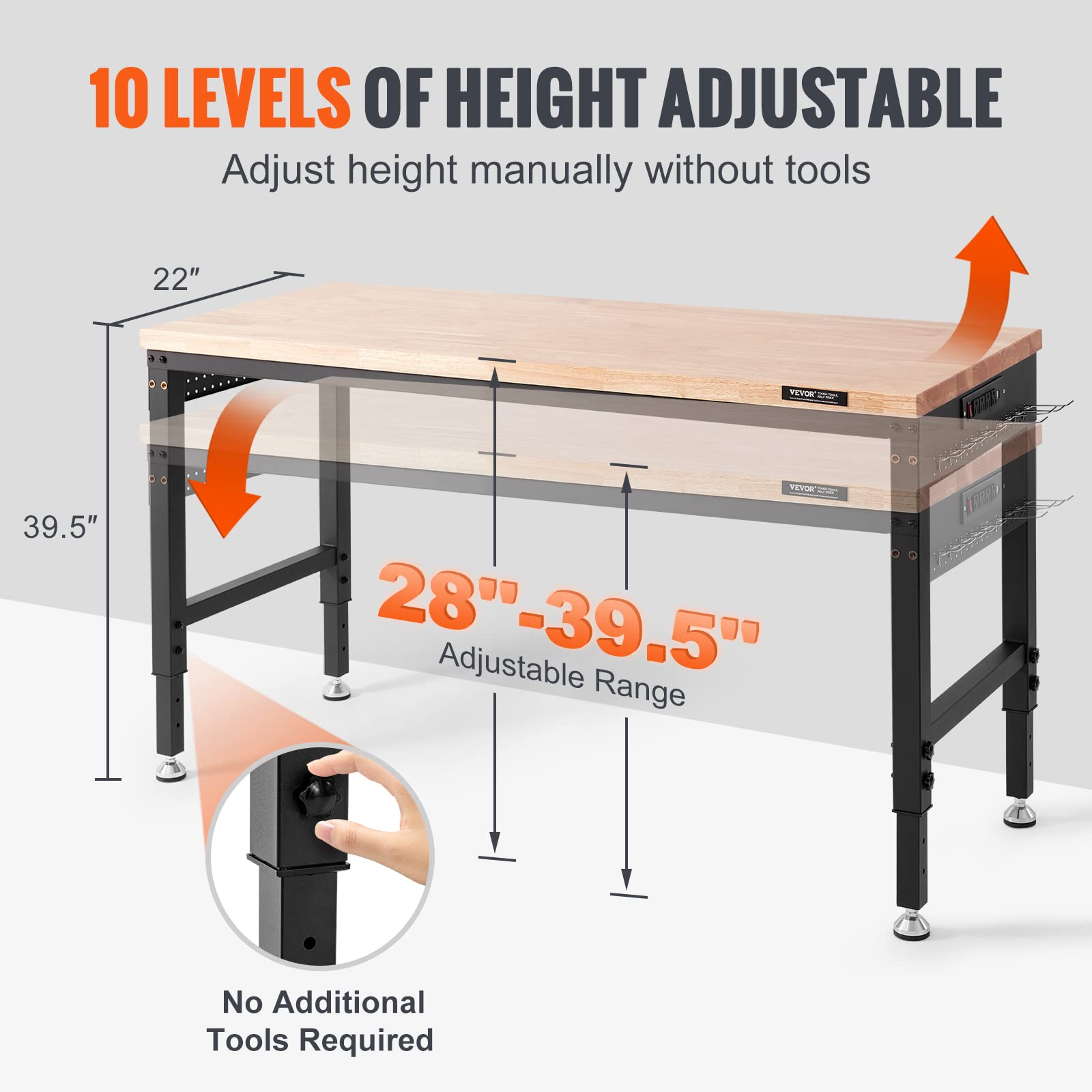 VEVOR Adjustable Workbench, 60" L x 22" W, 28"-39.5" Heights, 2000 lbs Load Capacity, Garage Worktable with Universal Wheels, Power Outlets & - WoodArtSupply