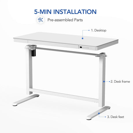 SANODESK Standing Desk with Drawer, Electric Height Adjustable Home Office Desk with Storage & USB Ports, 48 inch White Wood Tabletop/White Frame SANODESK