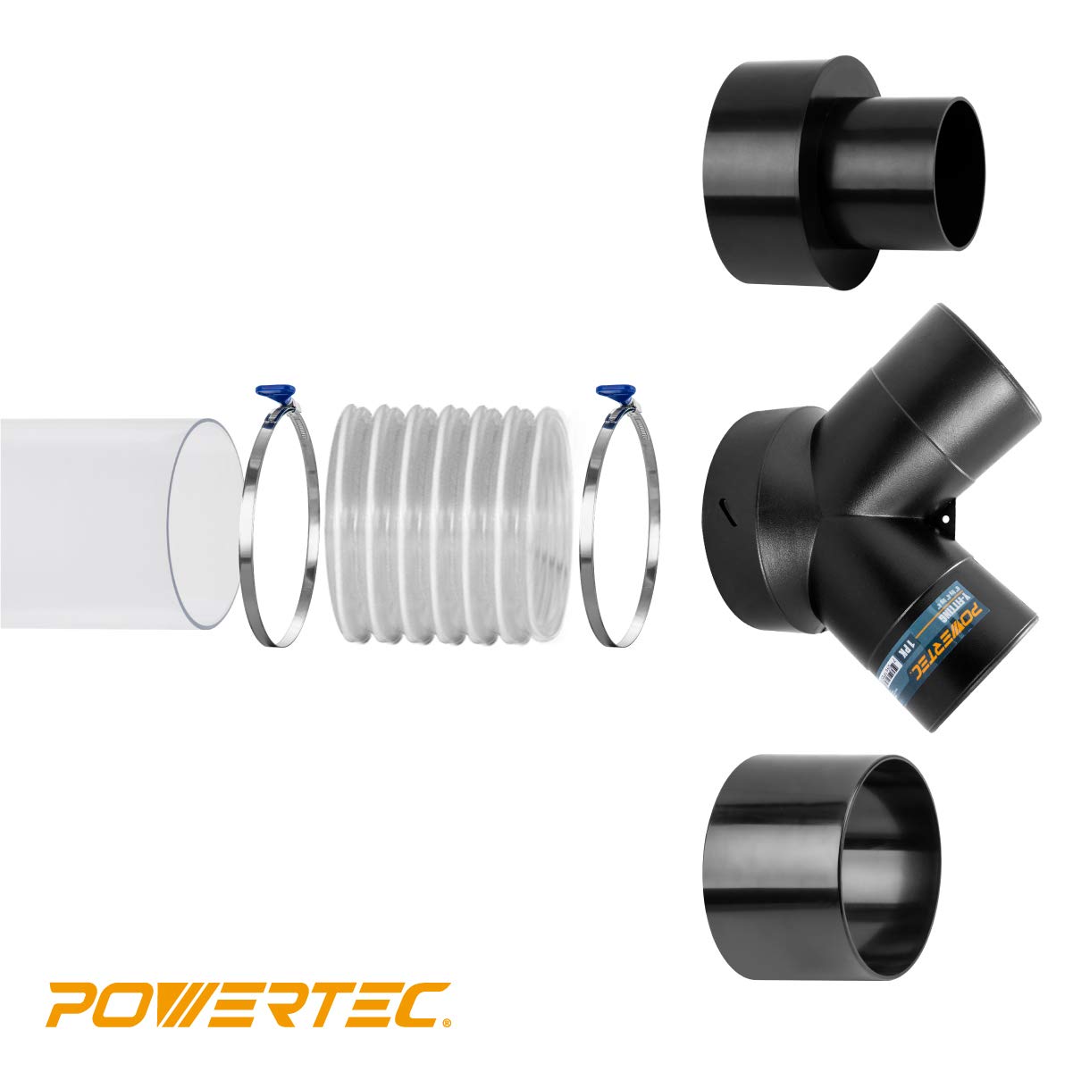 POWERTEC 70127 2-1/2 Inch Key Hose Clamp, Thumb Screw Key Adjustable Stainless Steel Hose Clamps for Dust Collection, Dust Collector and Dryer Vent POWERTEC