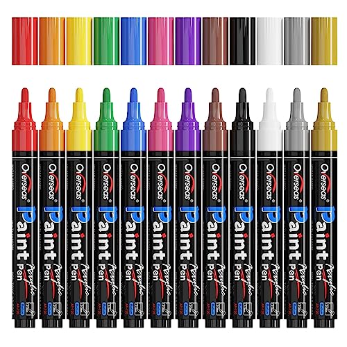 Paint Marker Pens - 12 Colors Permanent Acrylic Markers, Medium Tip, Water Based, Quick Dry, Waterproof Paint Pen Set for Rock, Wood, Plastic, Metal, Overseas