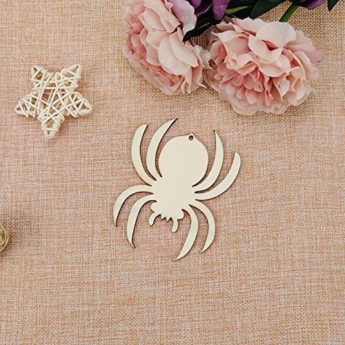 Creaides 20pcs Halloween Spider Wood DIY Crafts Cutouts Wooden Spider Shaped Hanging Ornaments with Hole Hemp Ropes Gift Tags for DIY Projects