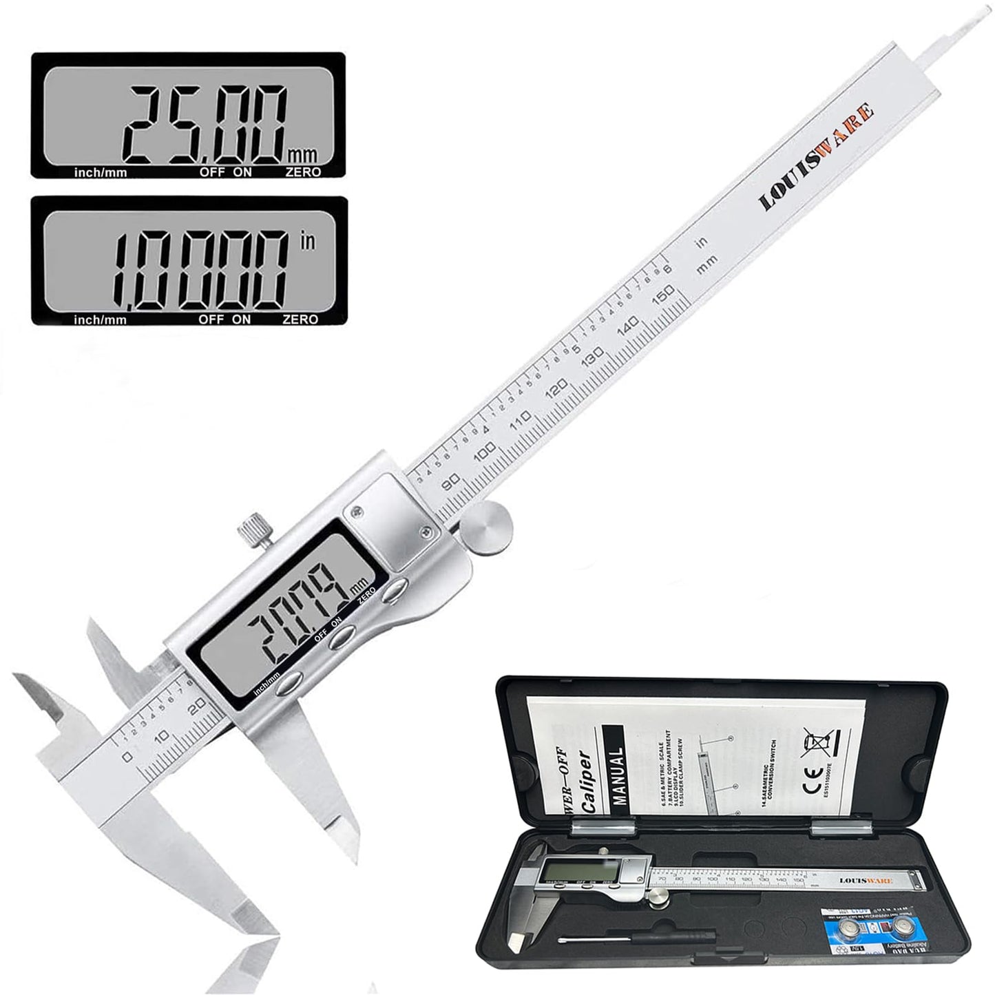 Electronic Digital Vernier Caliper, LOUISWARE Stainless Steel Caliper 150mm/0-6 inch Measuring Tools with Extra-Large LCD Screen, inch/Metric - WoodArtSupply