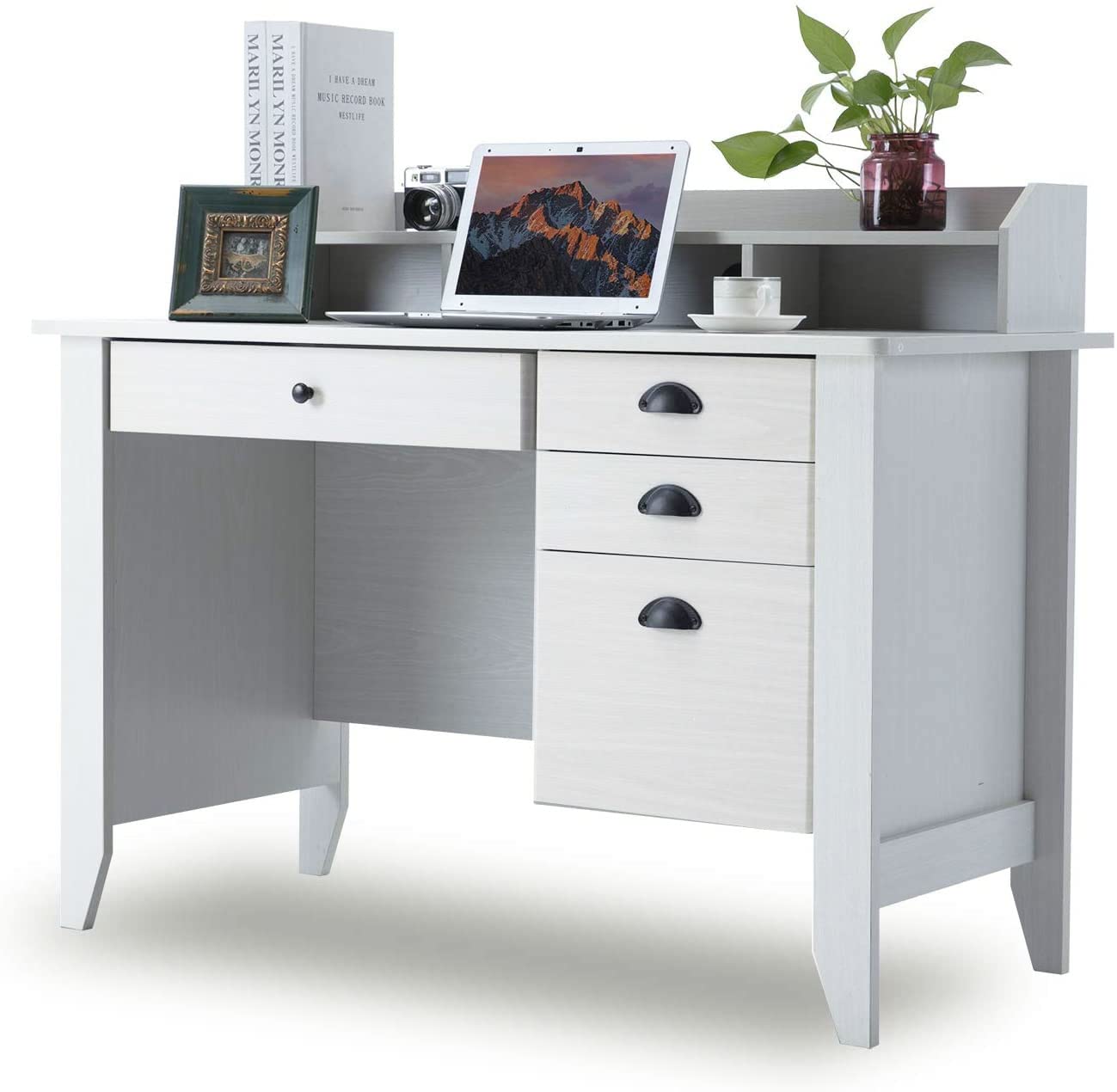 Catrimown White Desk with Drawers, 47 Inch Home Office Computer Desk with File Drawers Student Girls Desks Teens Writing Table with Hutch, Small Desk - WoodArtSupply