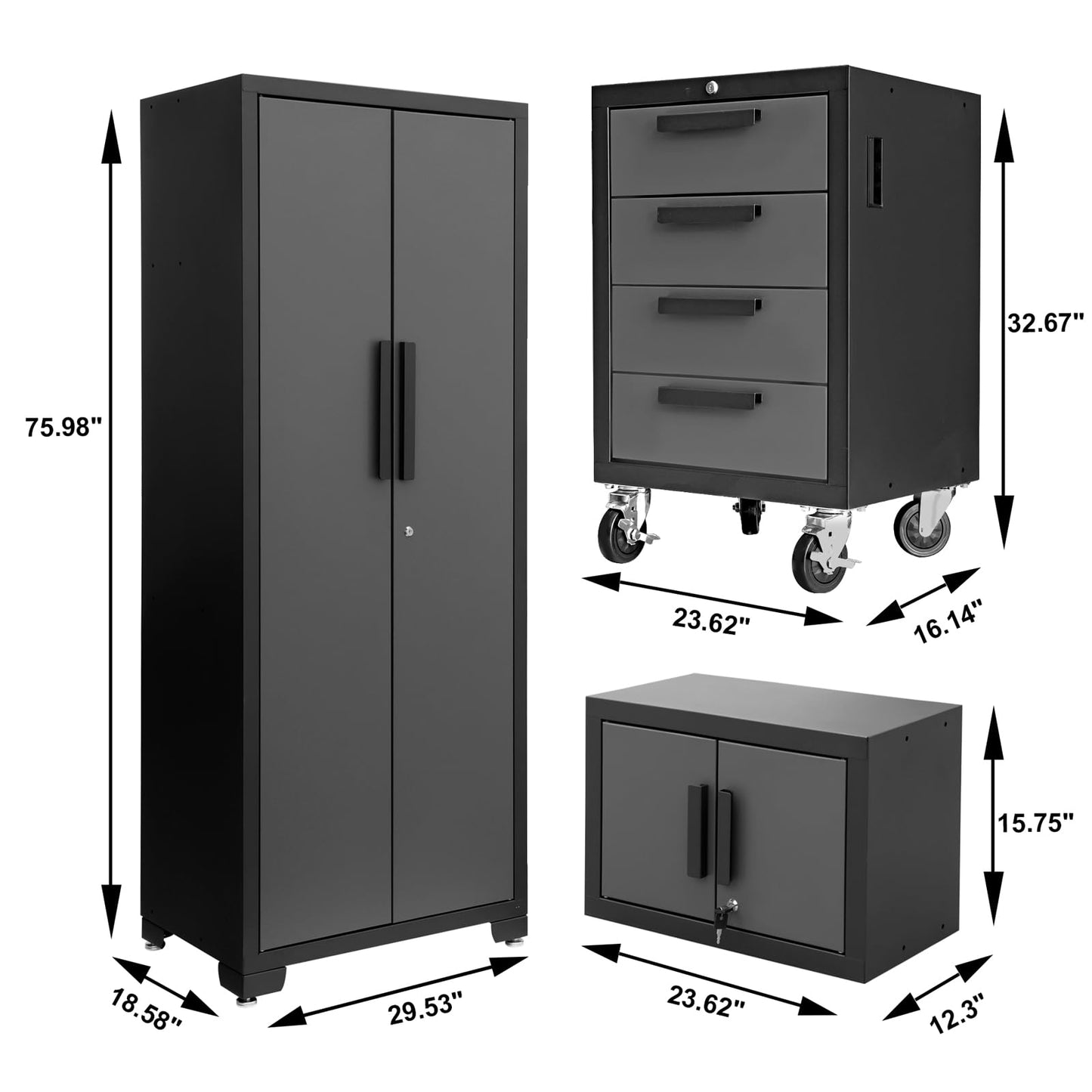 Torin 6 Piece Set with Lockers, Shelves and Wood Worktop, Black/Grey Garage Storage System - WoodArtSupply