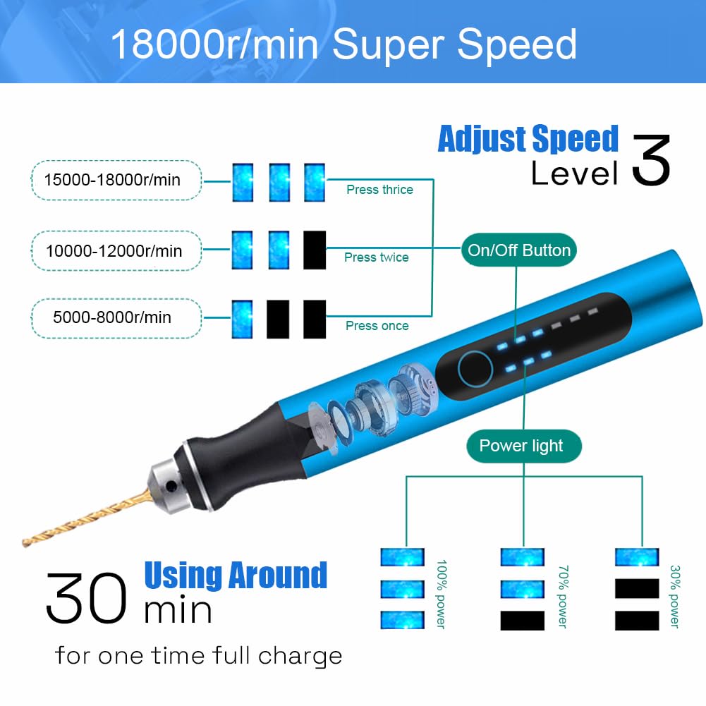 3-Speed Cordless Mini Drill Pen With 8 Small Drill Bits,Rechargeable Electric Hand Drill Pin Vise,Micro Drill Set For Jewelry - WoodArtSupply