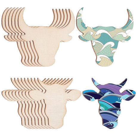 OLYCRAFT 60Pcs 2 Styles Unfinished Wood Cow Head Pieces Wood Cattle Head Blank Cutouts Unfinished Cow Wood Pieces Blank Wooden Cow Slices for OLYCRAFT