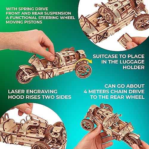 Ugears Three-Wheeler UGR-S - Wooden Motorcycle Model Kit - 3D Puzzles for Adults - Wooden Model Kits to Build - Unique DIY Wooden Puzzle Car Model UGEARS