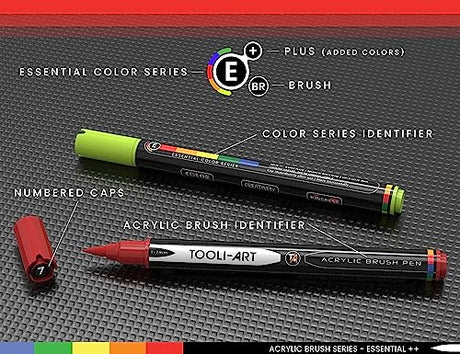 36 Flexible Brush Tip Acrylic Paint Pens Markers Set 1-7mm Line for Rock Painting, Brush Lettering, Scrapbooking, Glass, Mugs, Wood, Metal, Canvas, TOOLI-ART