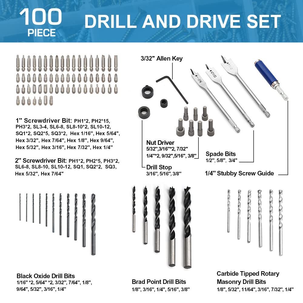 PRESTO Drill Bit Set - 100-Piece Drilling and Driving Combo Kit High Speed Steel Drill Bits & Driver Set for Wood Metal Cement Masonry and Plastic PRESTO