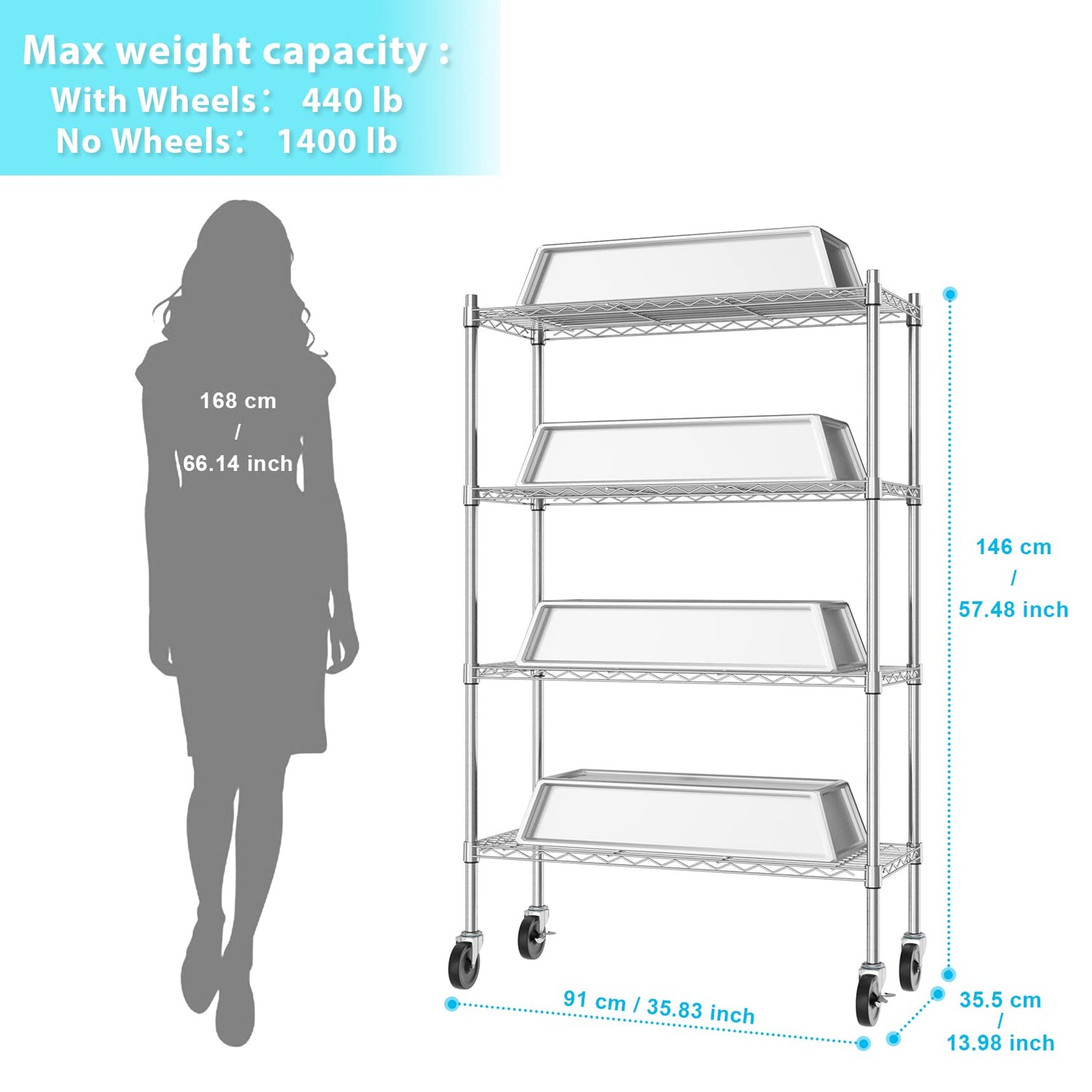 Auslar 4-Shelf Storage Shelves with Casters Heavy Duty 4 Tiers Rolling Cart Utility Racks Adjustable Wire Metal Shelving, Chrome Auslar