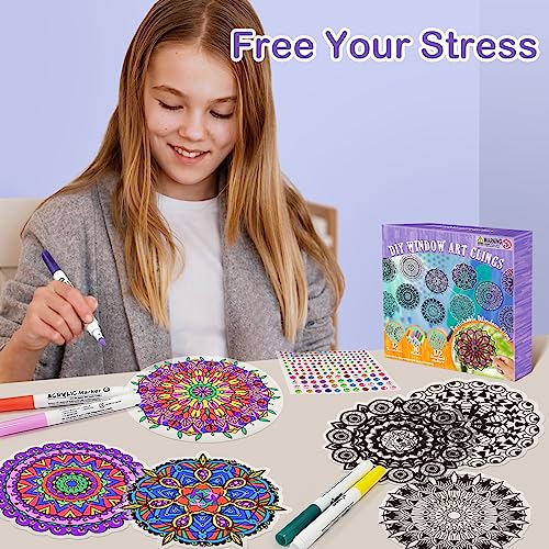 Insnug Color Your Own Mandala Window Cling, Arts and Crafts for Kids Ages 8-12, Crafts for Teens Adult Elderly, Teen Girl Gifts Trendy Stuff, Mandala - WoodArtSupply