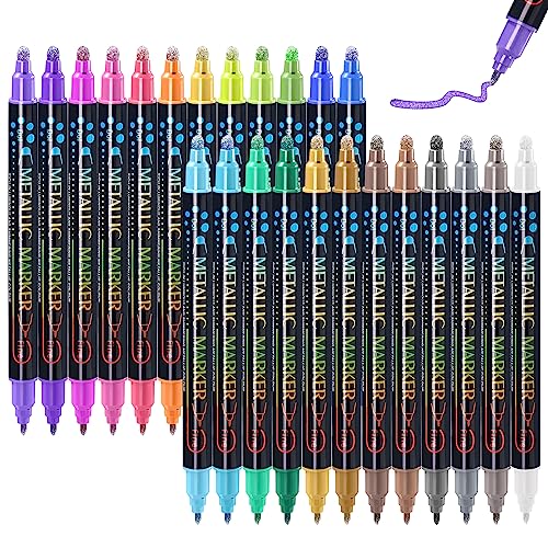 LIGHTWISH Metallic Markers 24 Colors Metallic Paint Markers,Dual Tip Pens  with Dot Tip and Fine Tip,Metallic Pens for Rock Painting,Black