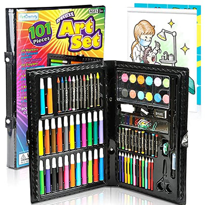 ArtCreativity Deluxe Art Kit For Kids Art Set - Beginners Supplies 101 Piece Artist Drawing Painting Kit with Coloring Book, Art And Craft Gift Set