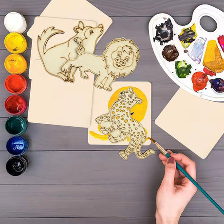 32 Pack Unfinished Wood Animal Cutouts Jungle Animal Crafts Wood Tiger, Lion, Wolf, Leopard Cutouts to Paint Wooden Animal Hanging Ornaments DIY Xonzmmk