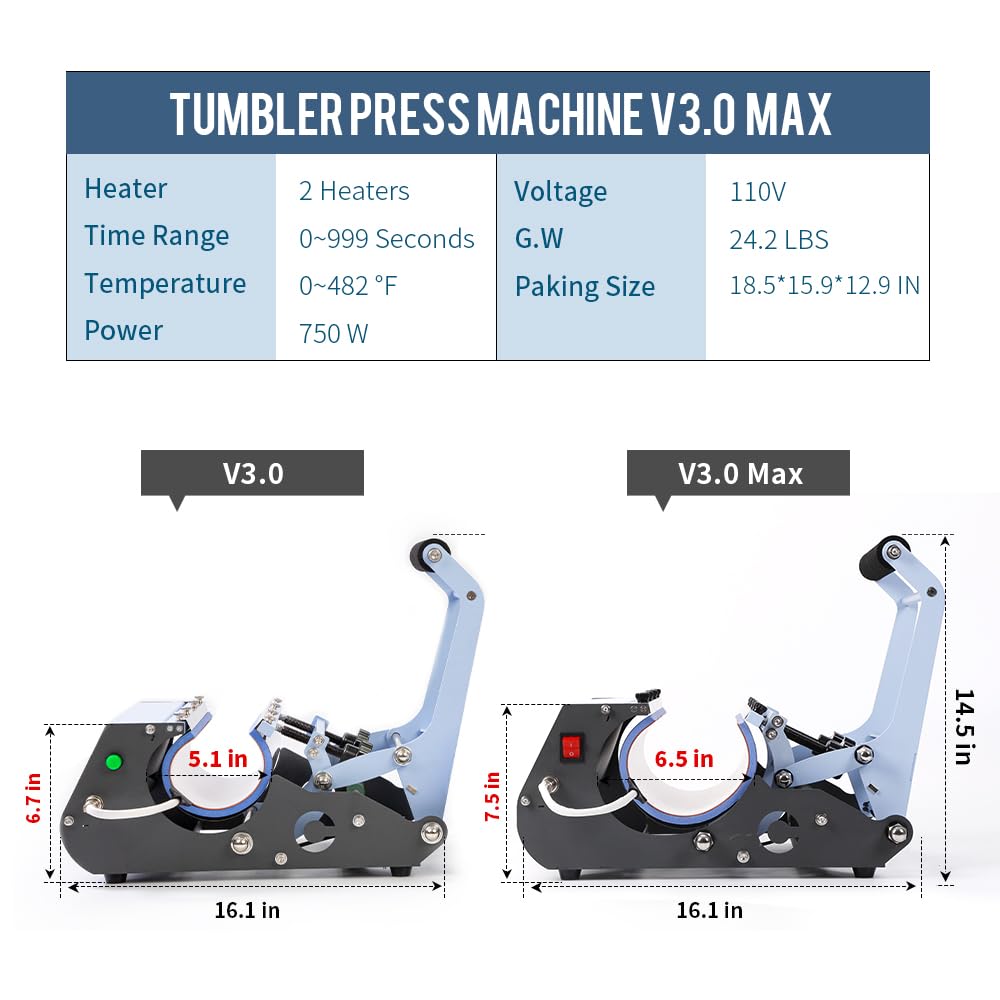 PYD Life 2 in 1 40 OZ Tumbler Heat Press Machine 110 V Blue 20 OZ 30 OZ Mug Heat Press for 40 OZ Tumbler with Handle Sublimation Straight Tumblers PYD Life