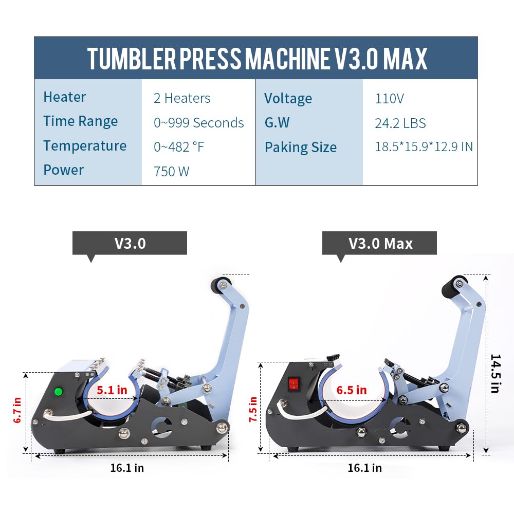 PYD Life 2 in 1 40 OZ Tumbler Heat Press Machine 110 V Blue 20 OZ 30 OZ Mug Heat Press for 40 OZ Tumbler with Handle Sublimation Straight Tumblers - WoodArtSupply