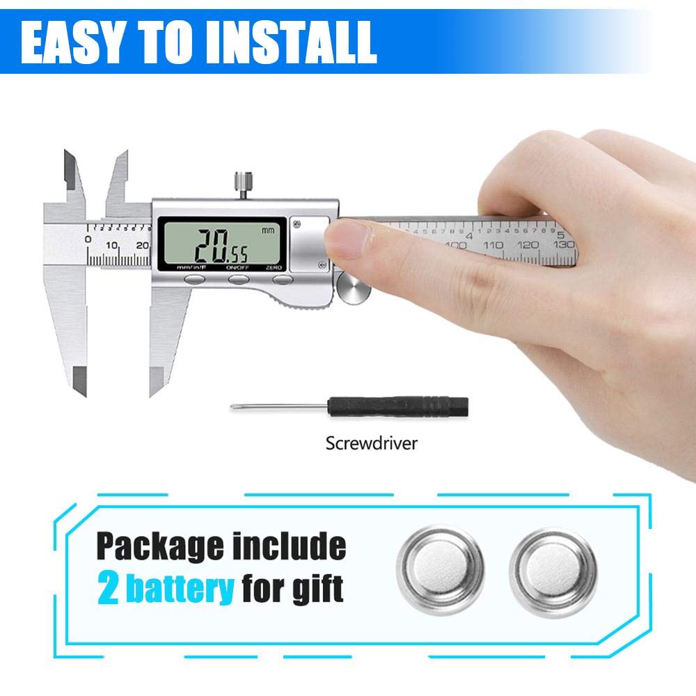 Digital Caliper Measuring Tool, Stainless Steel Vernier Caliper Digital Micrometer with Large LCD Screen, Easy Switch from Inch Metric Fraction, 6 Jiavarry