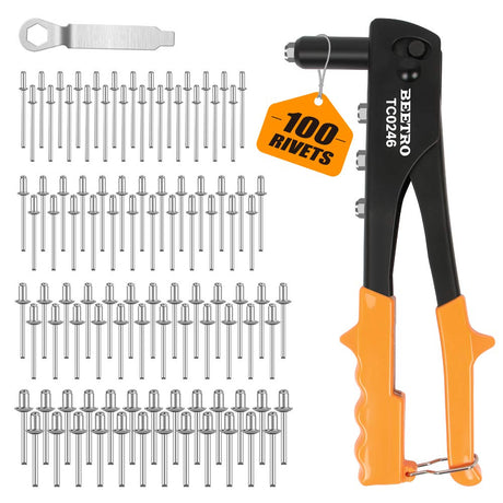 BEETRO Heavy Duty Hand Riveter, Rivet Gun, 3/32"-1/8"-5/32"-3/16", 4 Nosepieces Set Includes 100pcs Rivets, Durable and Suitable for Metal, Plastic BEETRO