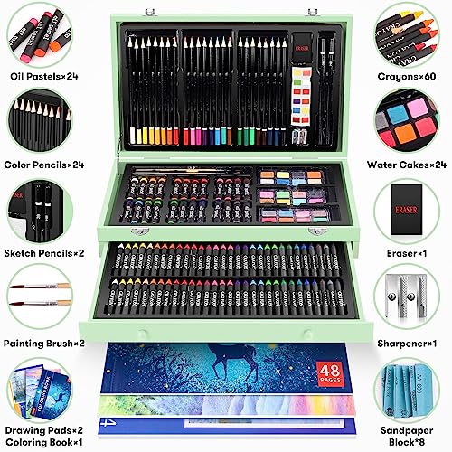 iBayam Art Supplies, 150-Pack Deluxe Wooden Art Set Crafts Drawing Painting Kit with 1 Coloring Book, 2 Sketch Pads, Creative Gift Box for Adults iBayam