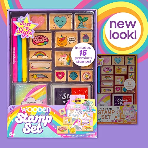 Just My Style Wood Stamp Set by Horizon Group USA, 15 Wooden Stamps, Scrapbooking Sheets, Colorful Markers, Stationery Set, 2-Tone Stamp Pad - WoodArtSupply