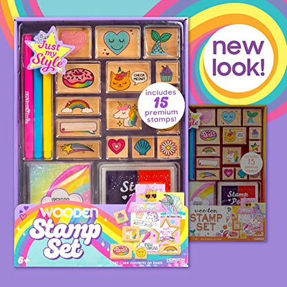 Just My Style Wood Stamp Set by Horizon Group USA, 15 Wooden Stamps, Scrapbooking Sheets, Colorful Markers, Stationery Set, 2-Tone Stamp Pad - WoodArtSupply