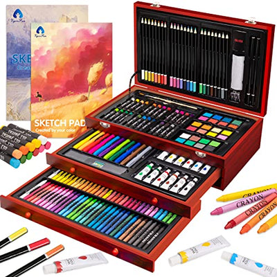 Art Supplies, 185-Piece Super Deluxe Wooden Art Set Crafts Drawing Kit with 2 Sketch Pads, Crayons, Oil Pastels, Colored Pencils, Watercolor Cakes,