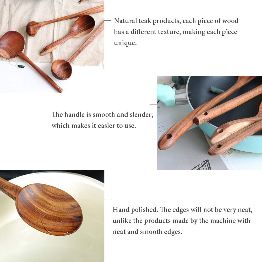 FJNATINH Wooden Soup Ladle Set, Kitchen Spoon Set Utensils, 4 Pcs Handmade Natural Teak Cooking Spoons, Long Handle Wooden Soup Ladle Spoon FJNATINH