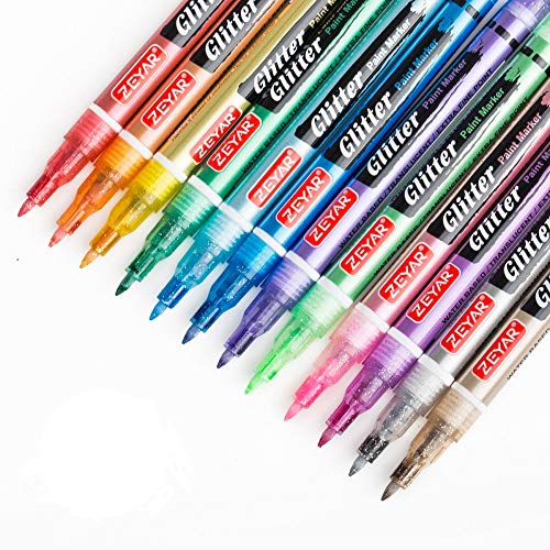 ZEYAR Glitter Paint Pens, Water based, Extra Fine Point, Nylon Tip, 12 Colors, Great for Gift Card, Poster, Album, Christmas Card and more. Non-Toxic ZEYAR
