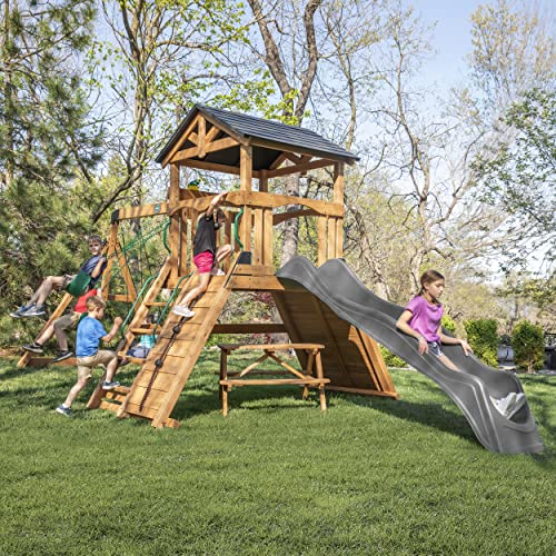 Backyard Discovery Endeavor II All Cedar Wood Swing Set Playset for Backyard with Gray Wave Slide Climbing Wall with Rope Picnic Table Double Wide Backyard Discovery