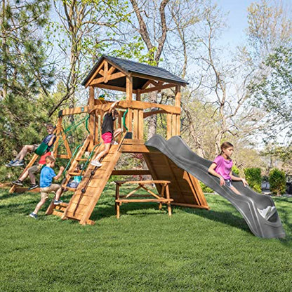 Backyard Discovery Endeavor II All Cedar Wood Swing Set Playset for Backyard with Gray Wave Slide Climbing Wall with Rope Picnic Table Double Wide - WoodArtSupply