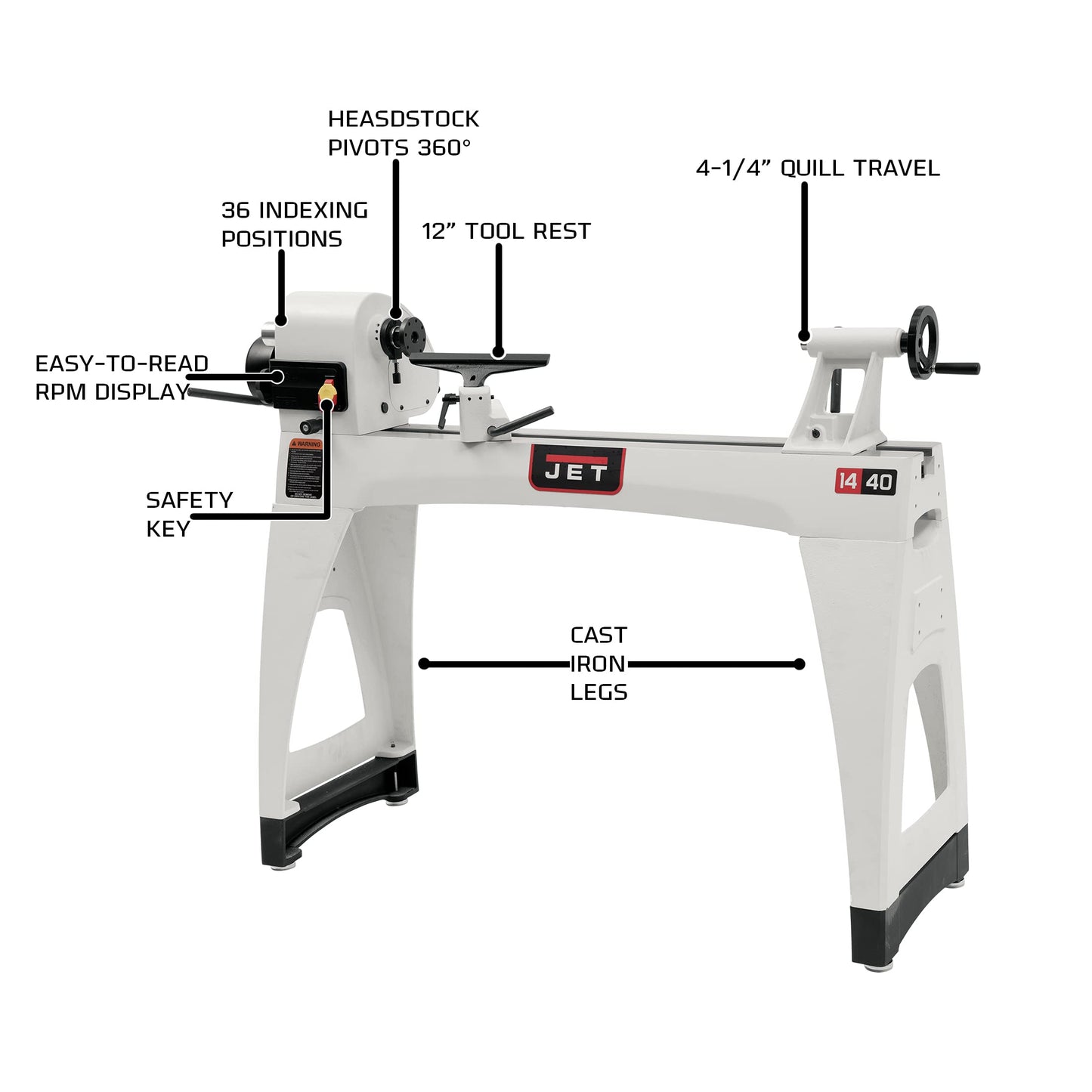 JET 14" x 40" Variable-Speed Woodworking Lathe, 1 HP, 1Ph 115/230V (JWL-1440VSK) - WoodArtSupply