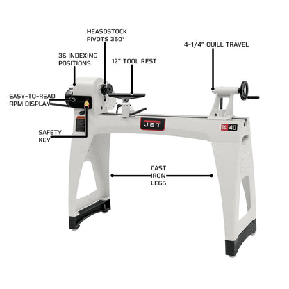 JET 14" x 40" Variable-Speed Woodworking Lathe, 1 HP, 1Ph 115/230V (JWL-1440VSK) - WoodArtSupply