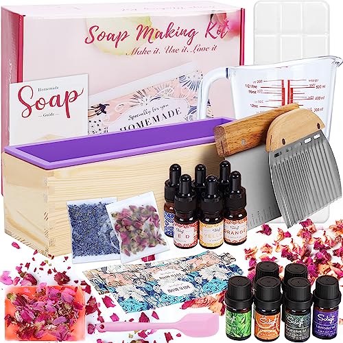 DIY Soap Making Kit, Soap Making Supplies with 3.3 lbs Soap Base, Soap Mold, Glass Measuring Cup, Liquid Dyes, Wavy Straight Scraper, Silicone - WoodArtSupply