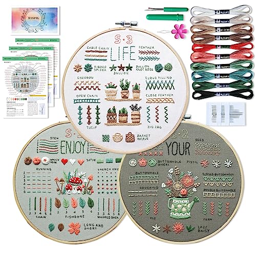 ETSPIL 3 Sets Embroidery kit for Beginners Adults，Learn 33 Different Stitches DIY Kits ，Includes Stamped Flower Pattern, Hoop, Color ETSPIL