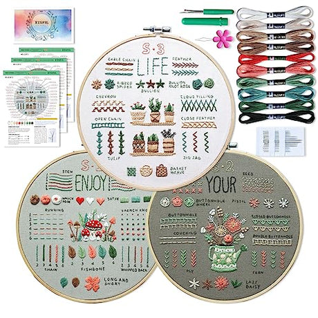 ETSPIL 3 Sets Embroidery kit for Beginners Adults，Learn 33 Different Stitches DIY Kits ，Includes Stamped Flower Pattern, Hoop, Color ETSPIL
