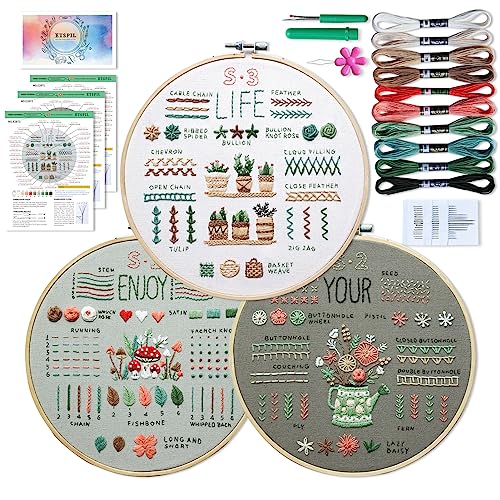 ETSPIL 3 Sets Embroidery kit for Beginners Adults，Learn 33 Different Stitches DIY Kits ，Includes Stamped Flower Pattern, Hoop, Color - WoodArtSupply