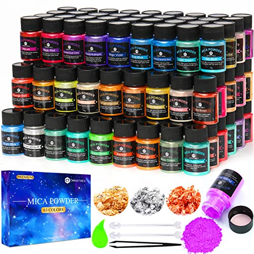 CHANGTIKEJI Mica Powder，63 Colors - 10g/Bottle of Natural Pigment Powder for Epoxy Resin，Lip Gloss，Eye Shadow,Car Paint, Dye,Soap Making,Nail